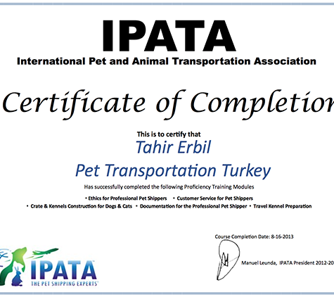 Pet Transportation Turkey IPATA Certificate